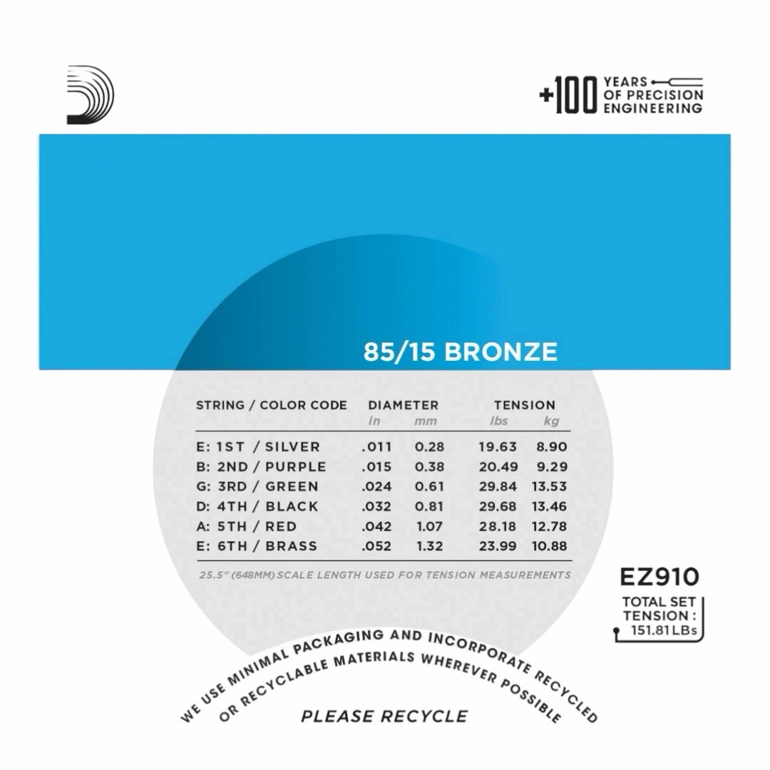 D’Addario EZ910 85/15 Bronze Light Acoustic Guitar Strings - 11-52