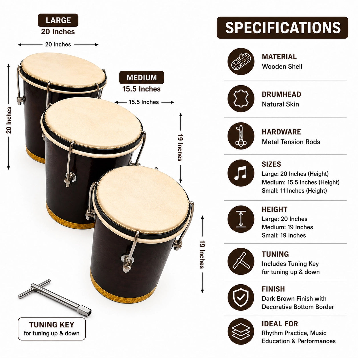 YS Wooden Triple Bongo - 3 Pc