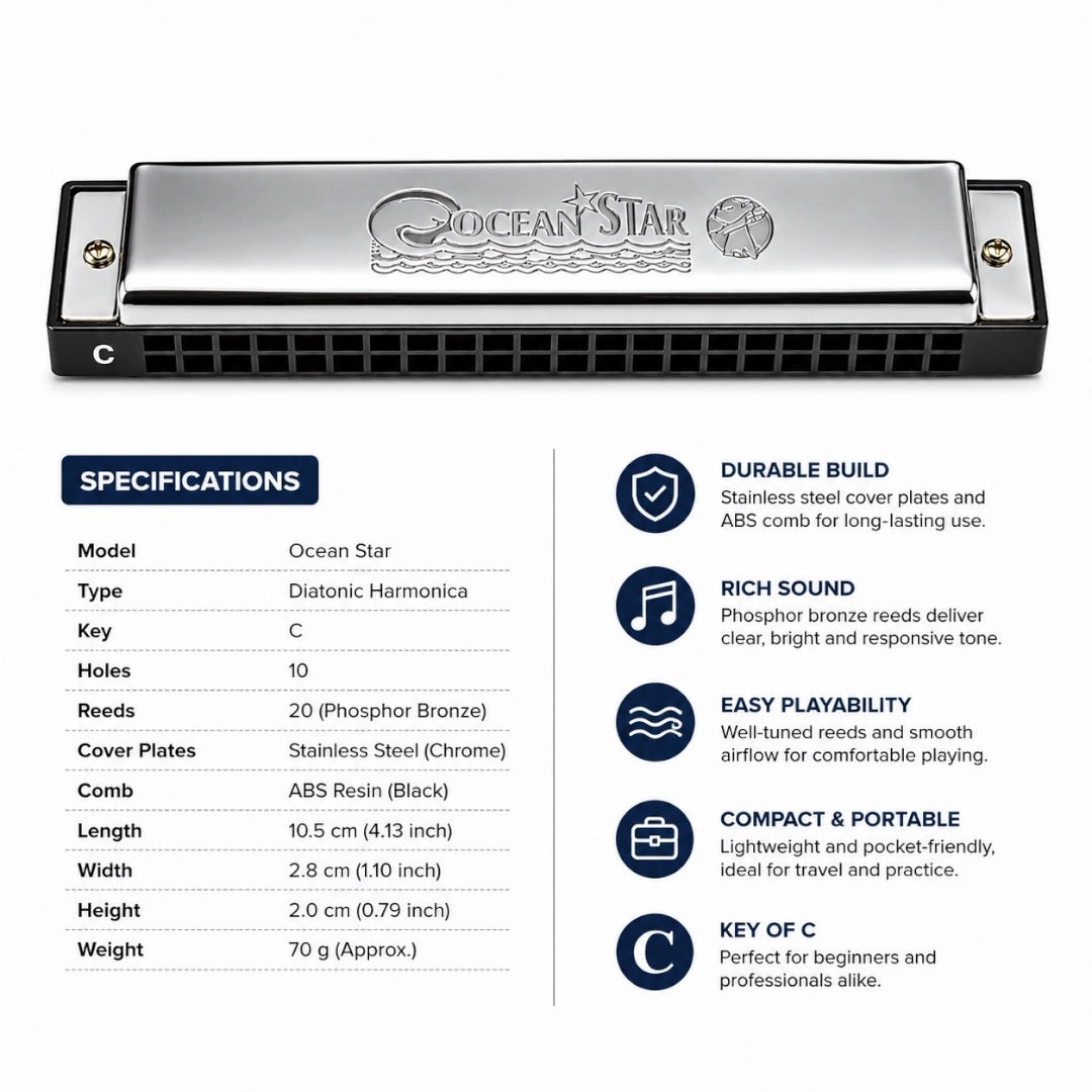 Hohner M254001S Ocean Star C Key Tremelo Harmonica